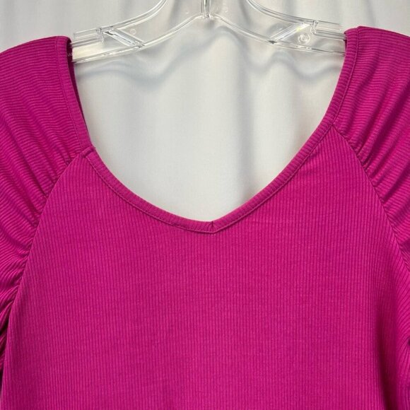 Bke Core Womens Crop Top Pink Short Sleeve Puff V Neck Stretch Ribbed S - Picture 2 of 9